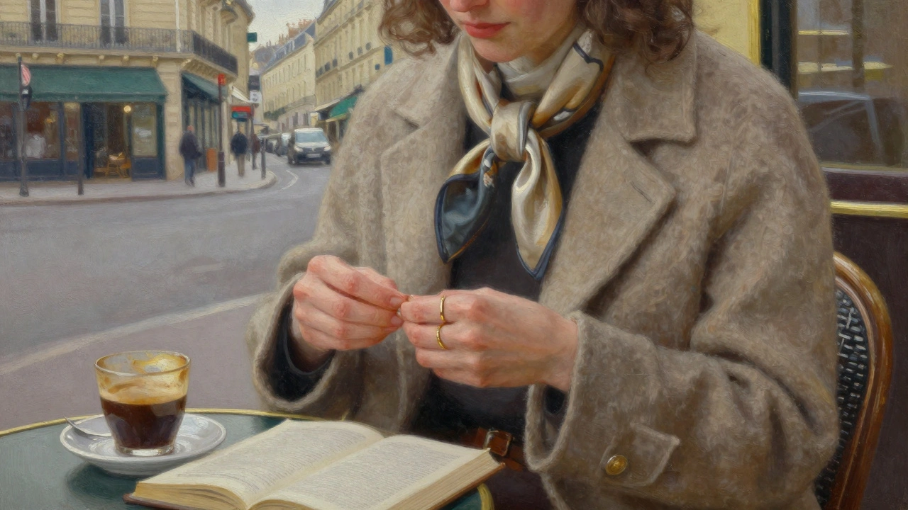 Des mains ajustant une bague fine et un foulard de soie, près d’un café et d’un livre ouvert, dans un décor flou de Paris.