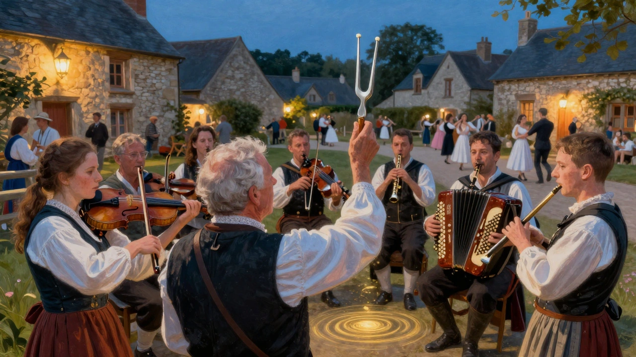 Des musiciens français en costume traditionnel ajustent leurs instruments autour d&#039;un diapason dans une fête de village.