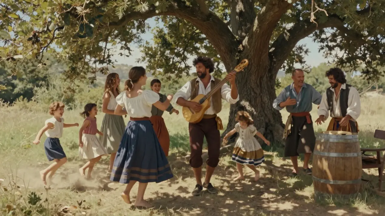 Des paysans français dansent sous un chêne en Provence, jouant du galoubet et battant la mesure.