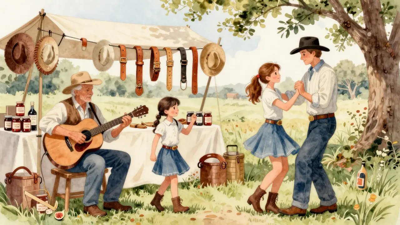 Famille française apprenant la guitare et la line dance lors d'un atelier du festival, avec des accessoires artisanaux en arrière-plan.