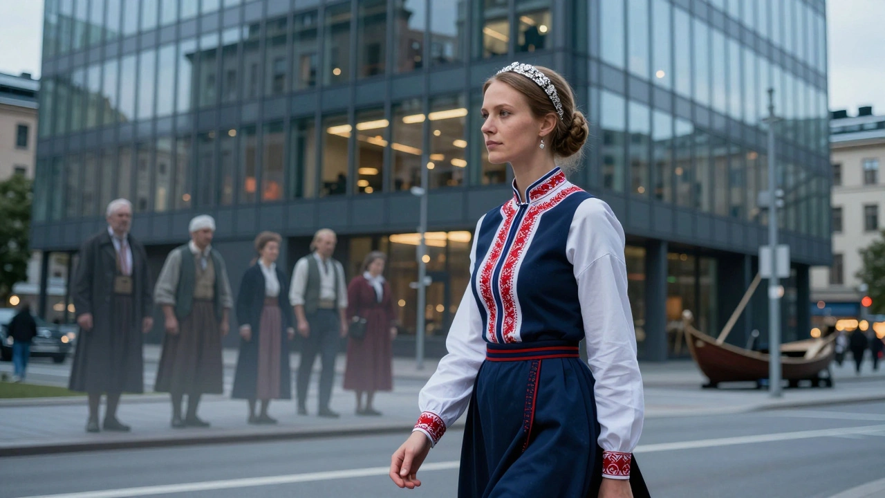 Femme moderne portant un bunad en milieu urbain, lien visuel entre passé et présent.