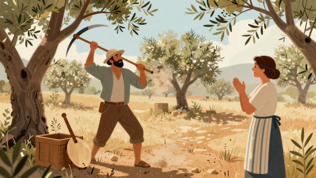 Fermier chantant pendant la récolte en Provence, accompagné d'une galoubet et d'un tambourin à cymbales.