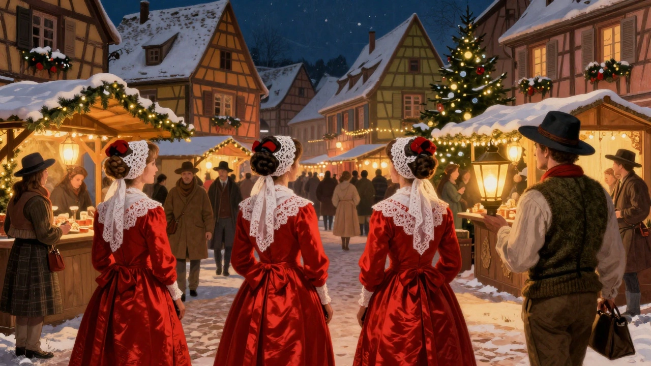 Fête alsacienne avec femmes en robes rouges et coiffes de dentelle sous les lanternes de Noël.