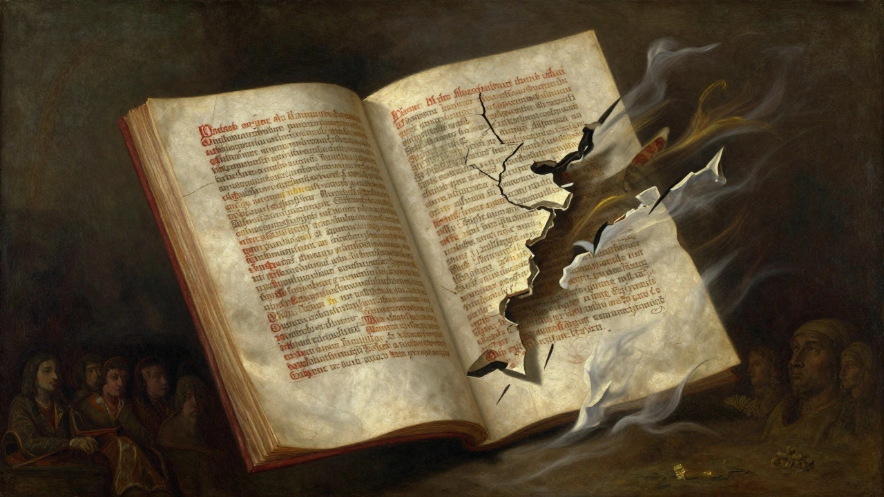 Fragmented manuscript shards float in air, each bearing regional sacred chants in their native languages.