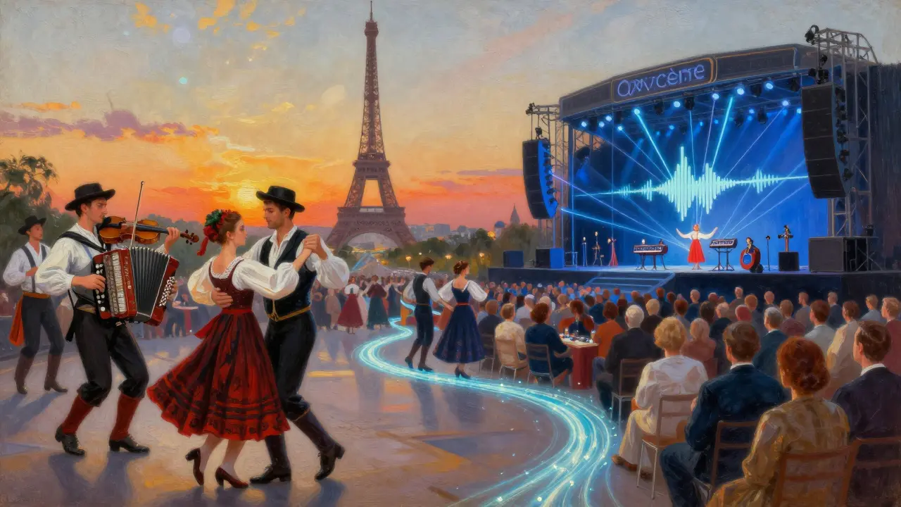 Fusion artistique entre tradition folklorique française et musique électronique moderne, sous la lumière dorée du coucher de soleil.