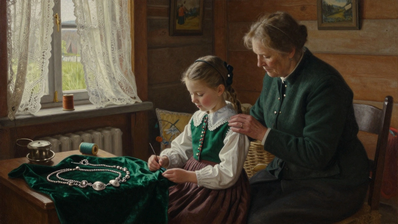 Grand-mère aidant une petite fille à s&#039;habiller en bunad dans une maison norvégienne traditionnelle.