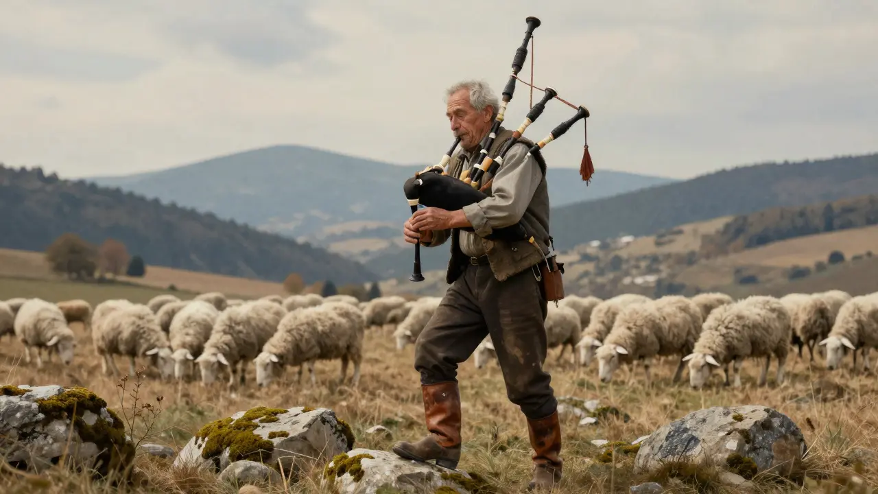 Homme âgé jouant de la cabrette dans un pâturage des montagnes d'Auvergne, avec des moutons au loin.