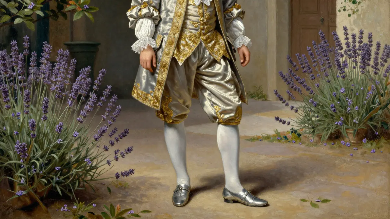 Homme provençal en culotte de soie brodée, chaussettes blanches et souliers à boucle.