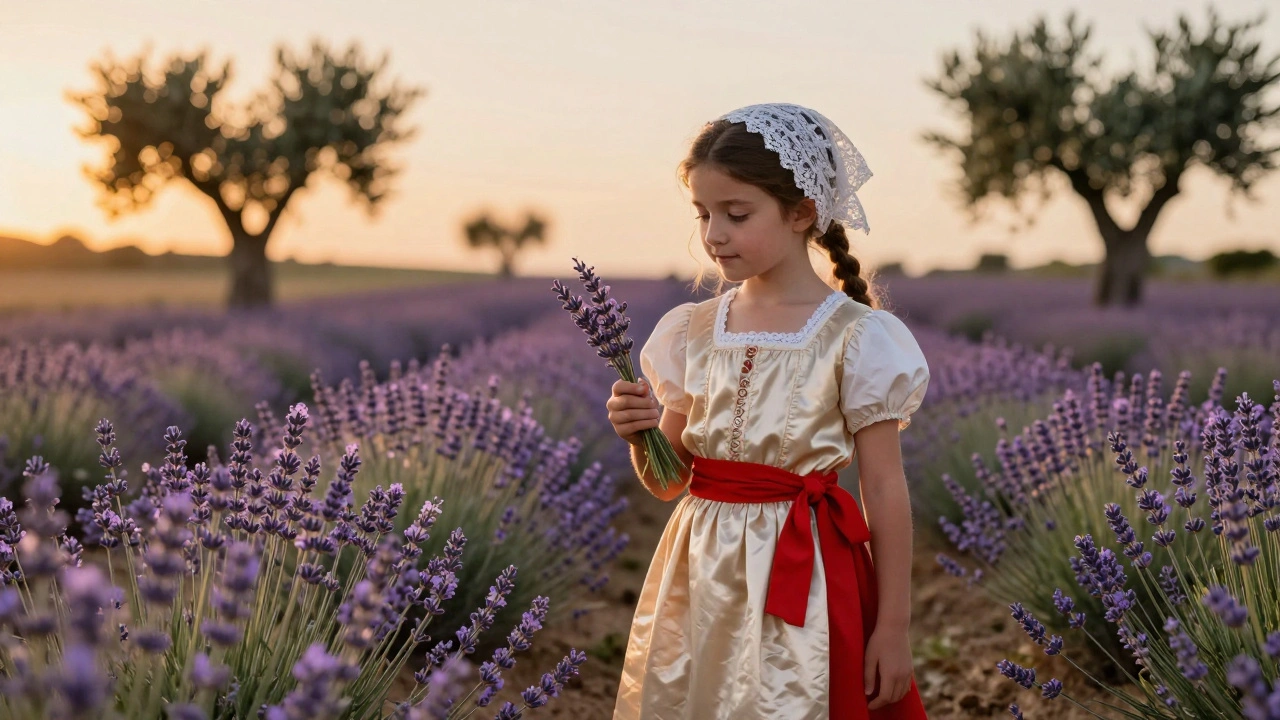 Jeune fille en costume provençal dans un champ de lavande au coucher du soleil.