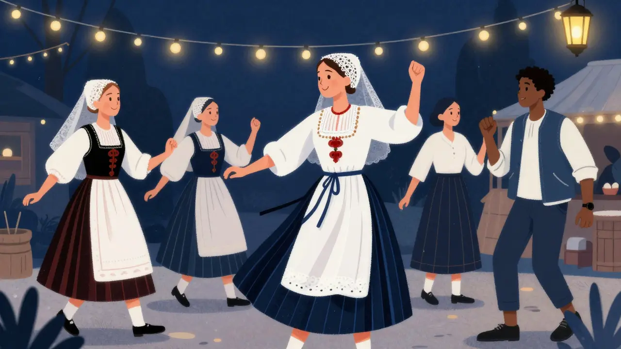 Jeunes gens dans des costumes bretons modernisés en train de danser à un fest-noz.