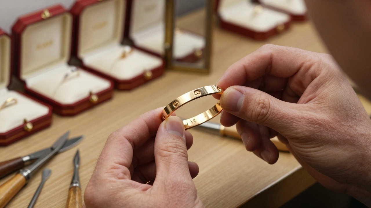 Mains d&#039;artisan gravant le numéro secret d&#039;un bracelet Love Cartier en or poli.