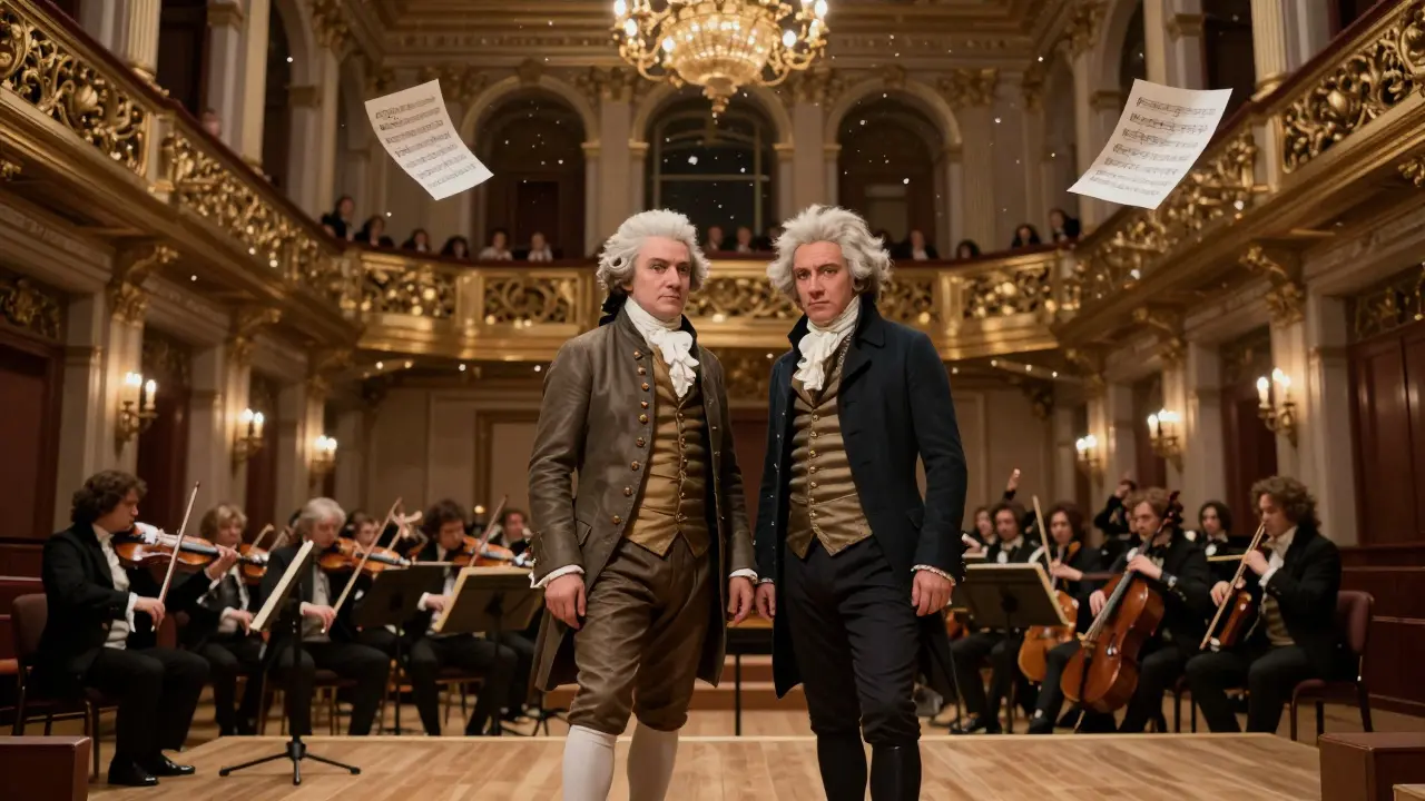 Mozart et Beethoven dans une salle de concert viennoise du XVIIIe siècle.