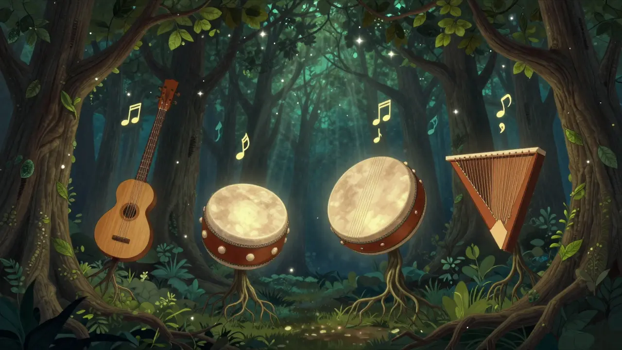 Quatre instruments folkloriques français flottant dans une forêt magique, éclairés par la lumière des étoiles.