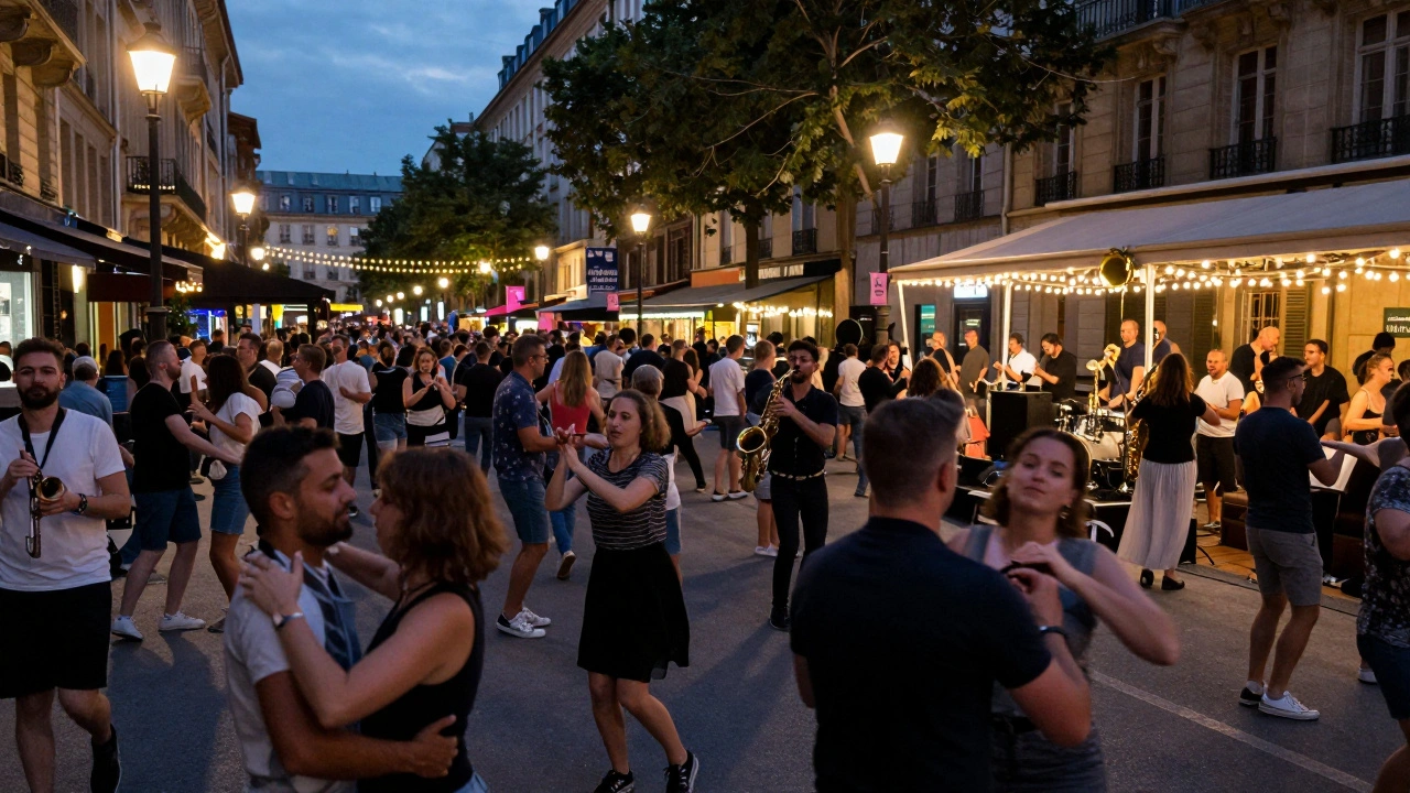 Rues animées de Vienne pendant le festival de jazz, avec des musiciens jouant en plein air et une foule variée qui danse.
