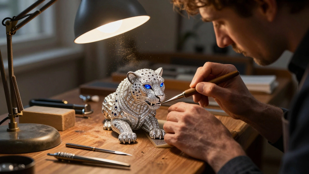 Sculpture détaillée d&#039;une panthère Cartier en or et diamants dans l&#039;atelier de Saint-Cloud.