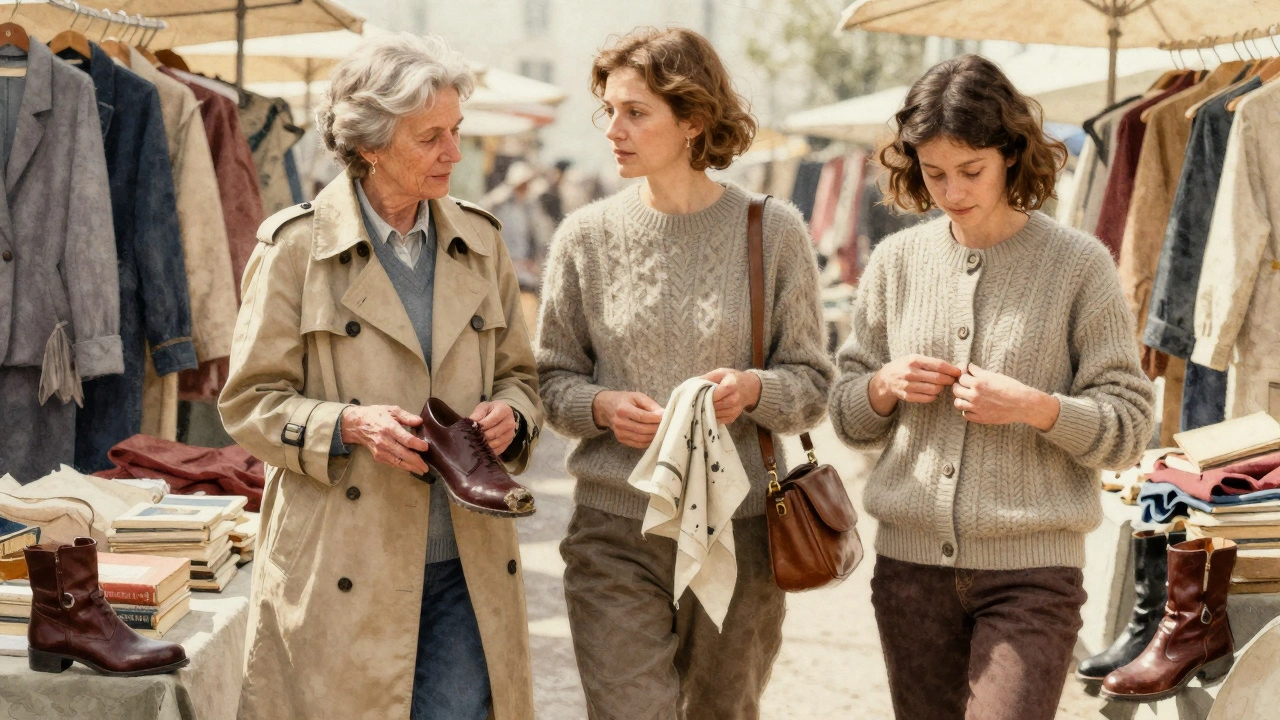 Trois générations de femmes dans un marché aux puces, portant des vêtements intemporels et réparés, sous une lumière dorée.