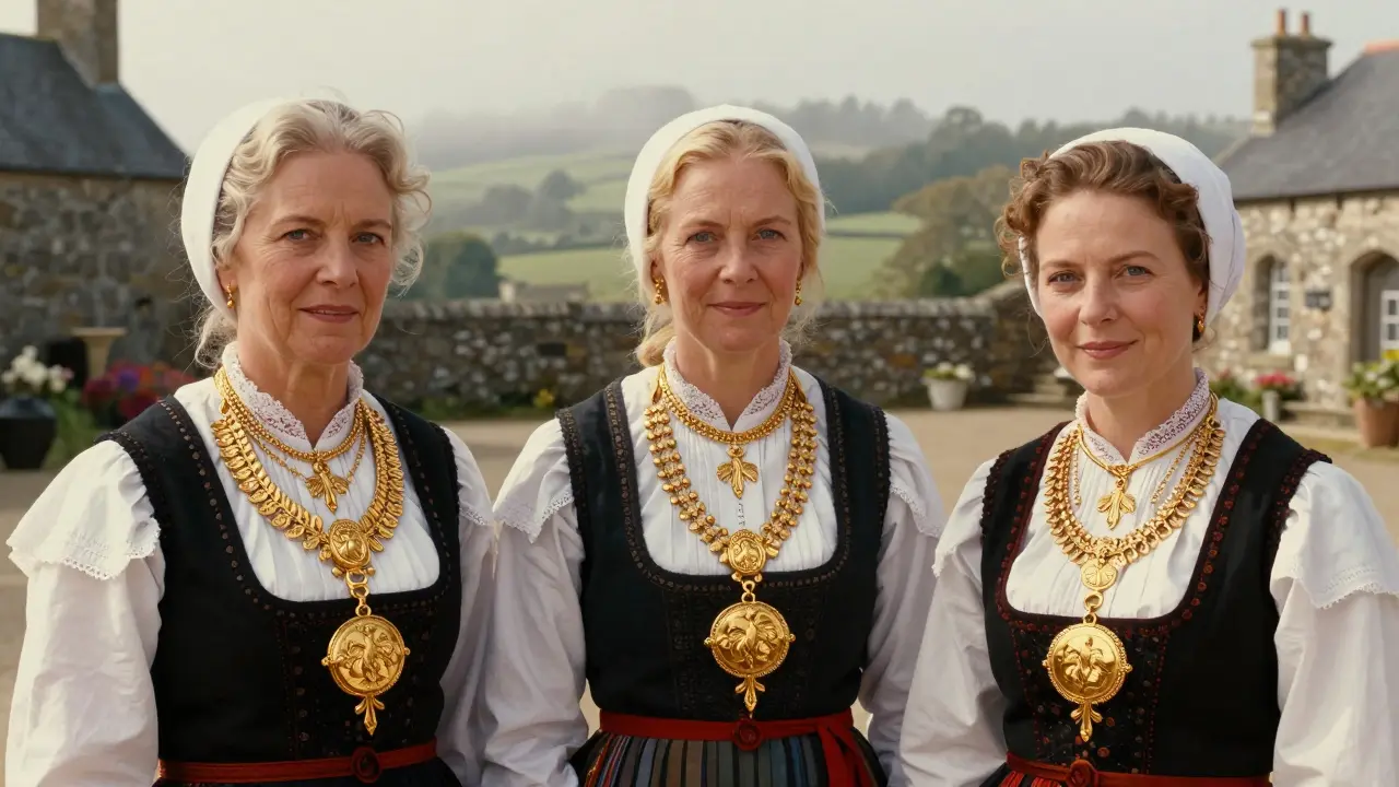 Trois générations de femmes portant des colliers bretons en or 18 carats.