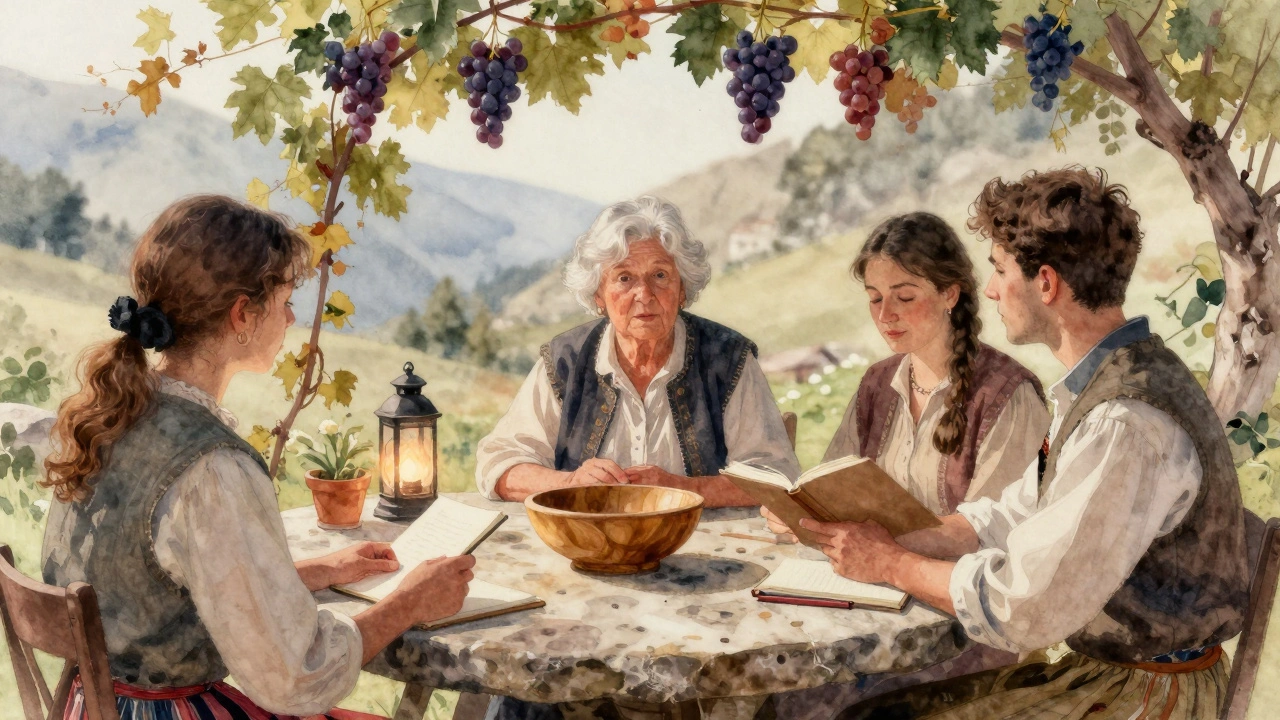 Trois générations de villageois écoutent une chanteuse traditionnelle lors d&#039;une fête de récolte dans les Pyrénées.