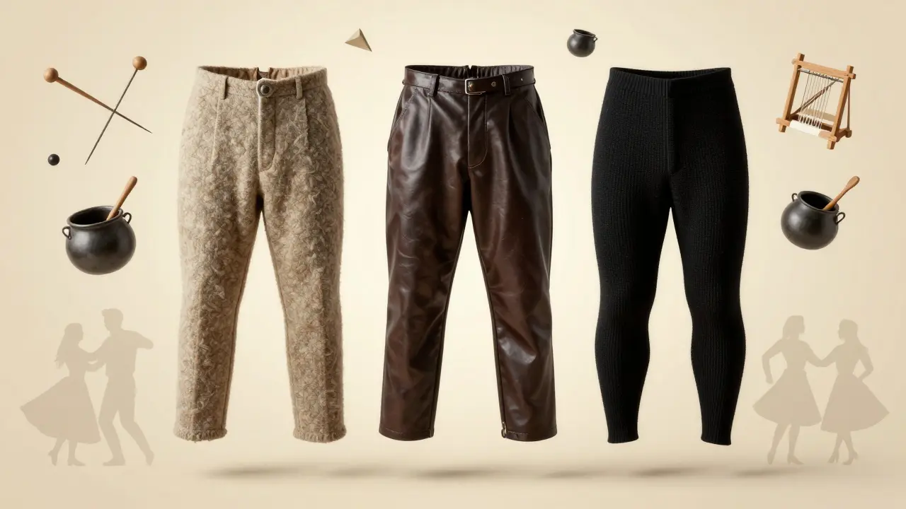 Trois pantalons traditionnels français suspendus : braye, culotte de peau et calzone.