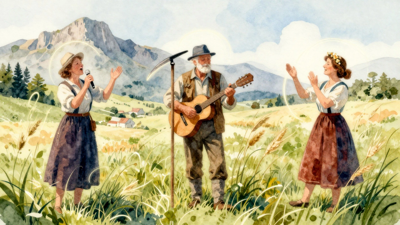 Trois personnes âgées de régions françaises différentes chantent en lien avec leur paysage et tradition musicale.