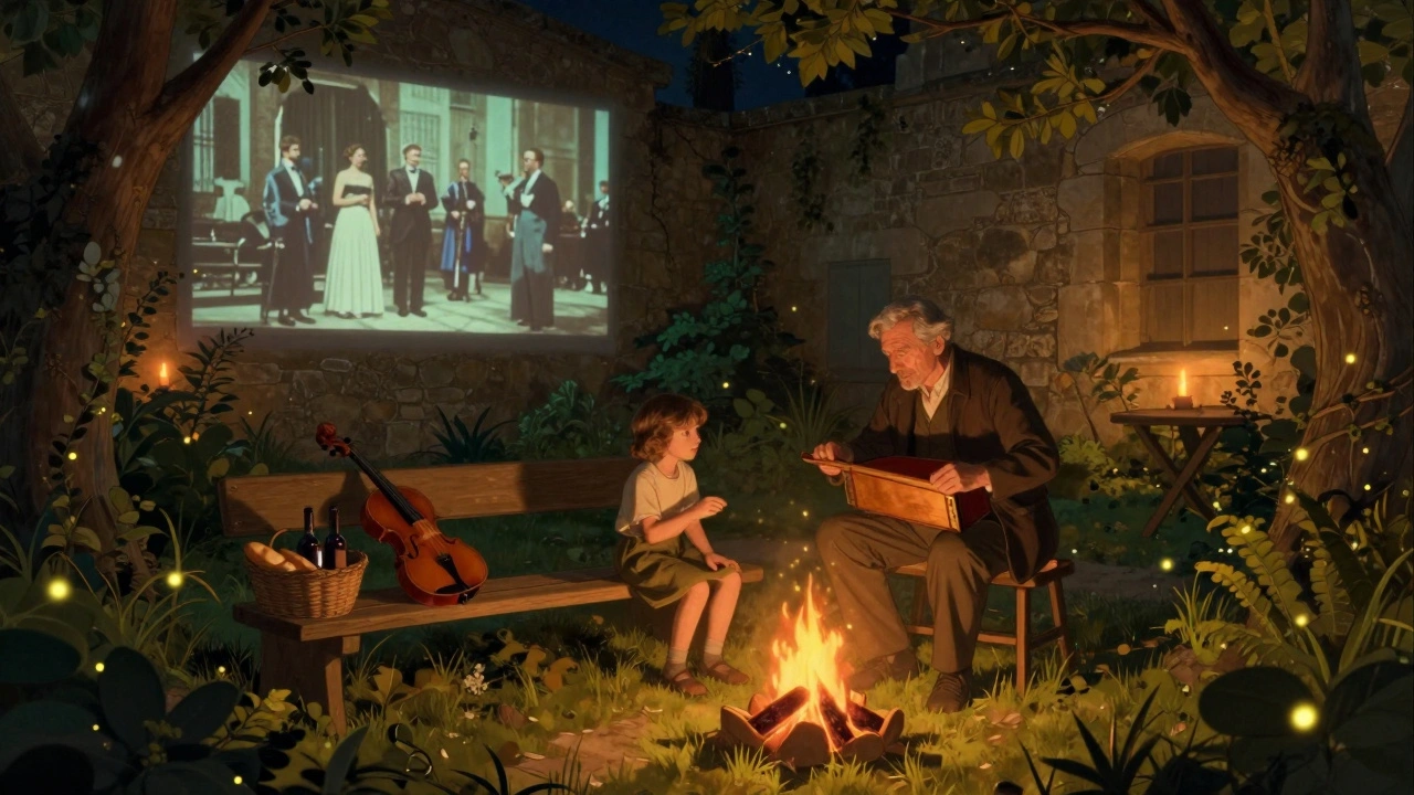 Un aîné enseigne à un enfant à jouer de la cabrette dans les jardins du château de Périgueux, sous des projections historiques.