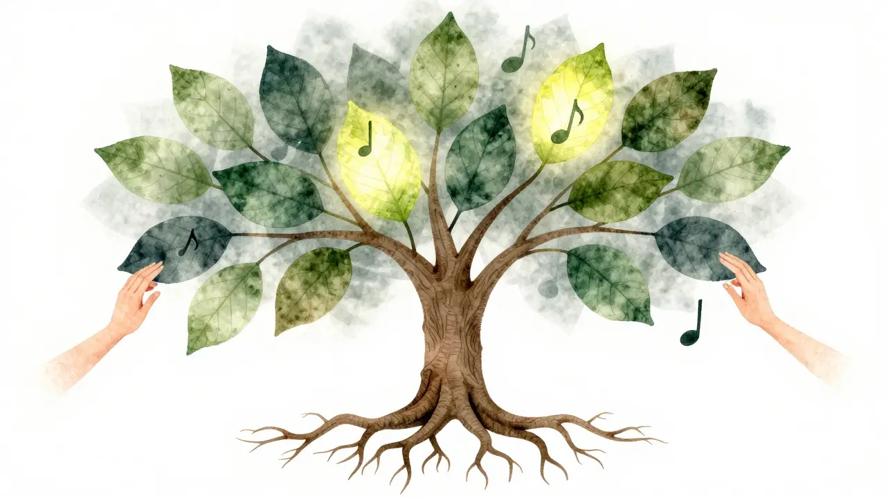 Un arbre aux feuilles musicales représente les chants régionaux français, certains en train de disparaître.