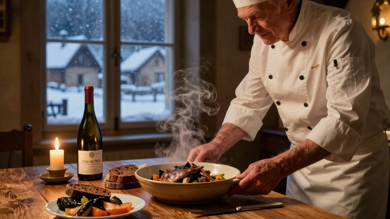 Un civet de lièvre servi dans une auberge de campagne en Bourgogne, avec du pain noir et des légumes racines.