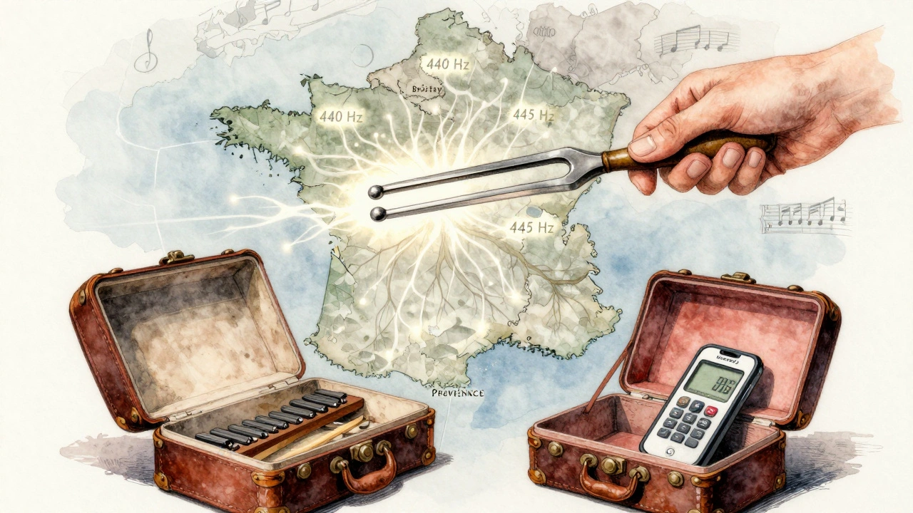 Un diapason flottant au-dessus d&#039;une carte de la France, avec des notes musicales s&#039;étendant vers les régions.