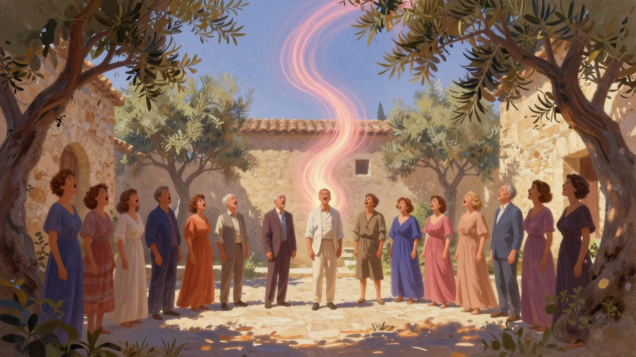 Un groupe de chanteurs en Provence, leurs voix représentées par des rubans de lumière, sans instruments, dans une cour de pierre.