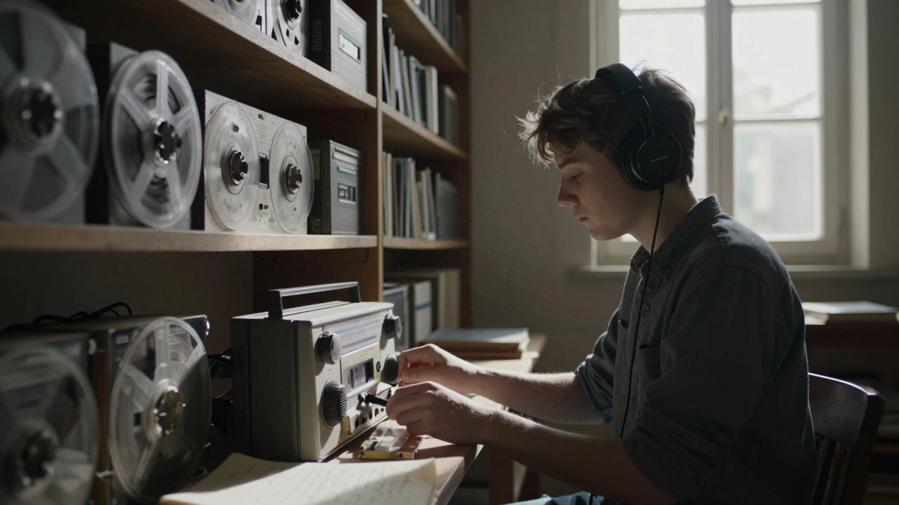 Un jeune étudiant écoute un chant folklorique ancien dans une archive, entouré de cassettes et de notes manuscrites.