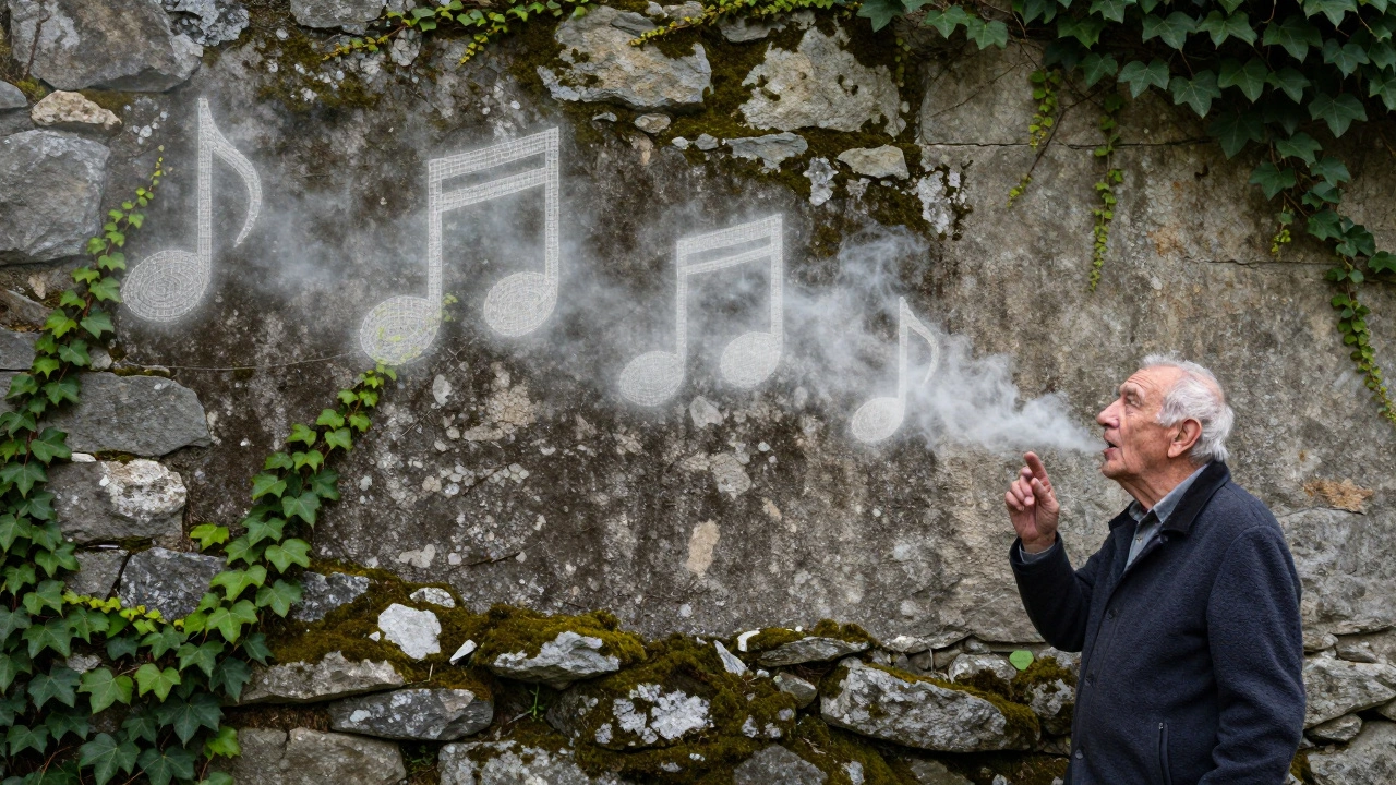 Un mur de pierre ancien émet des voix fantômes en forme de notes musicales, symbolisant des chants folkloriques en voie de disparition.