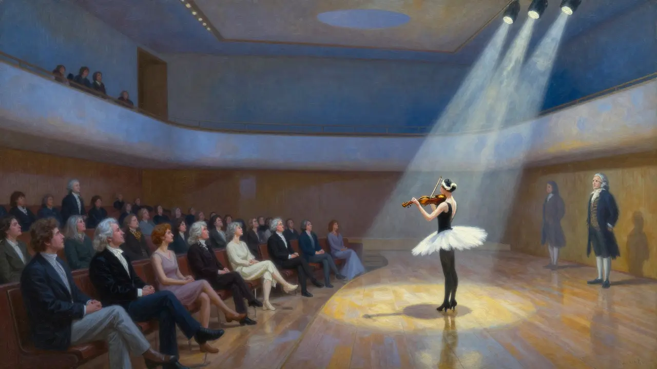 Un public moderne écoute une symphonie dans une salle de concert, sous la lumière douce du crépuscule.