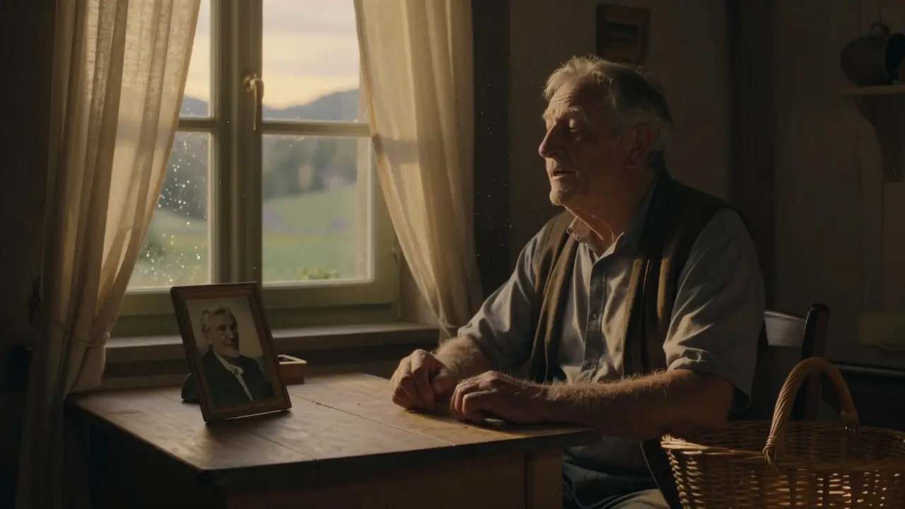 Un vieil homme chante une chanson traditionnelle du Jura près d'une fenêtre au crépuscule.