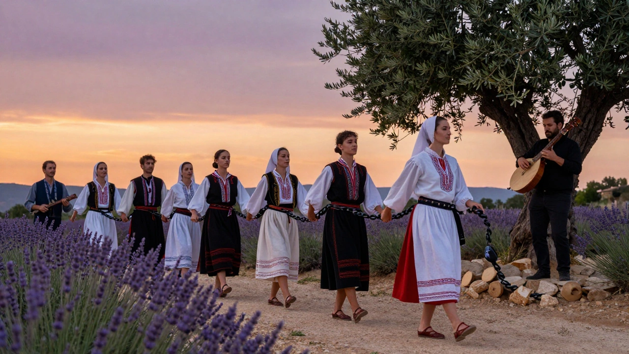 Une farandole en Provence au coucher du soleil, une chaîne de danseurs suivant un sentier de lavande.