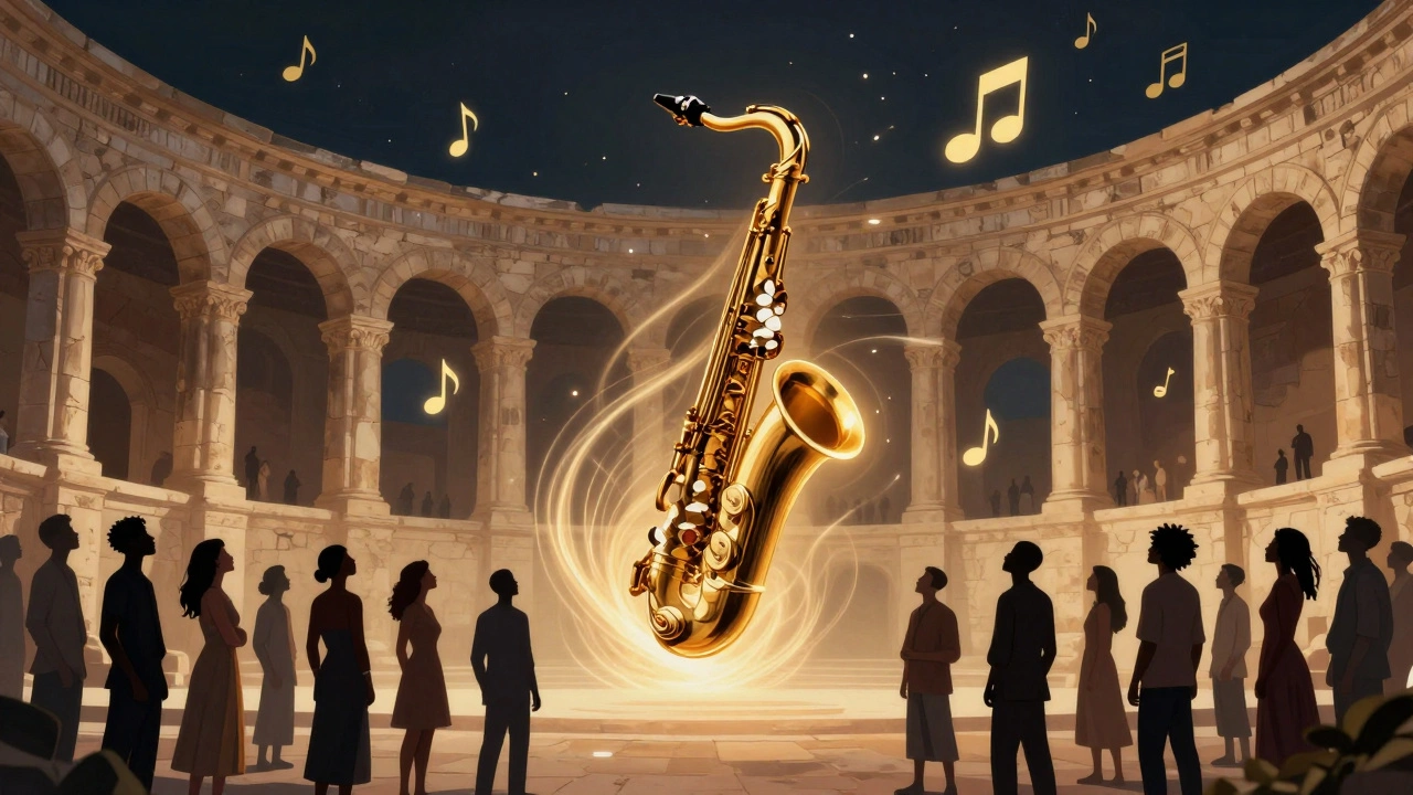 Une note de saxophone lumineuse relie des personnes du monde entier devant un mur antique, symbole d&#039;unité par la musique.