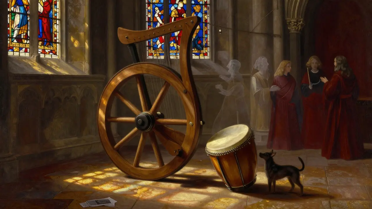 Vielle à roue dans une église médiévale, la roue en mouvement, avec des reflets de lumière colorée sur les pierres.