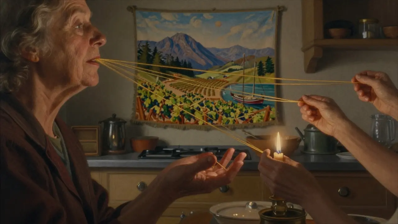 An elderly woman's voice transforms into golden threads connecting to French landscapes, symbolizing cultural transmission.