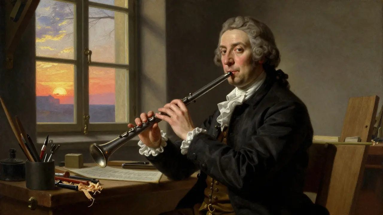 Artisan suisse modifiant une flûte traversière pour la première fois, avec une embouchure latérale et une clé.