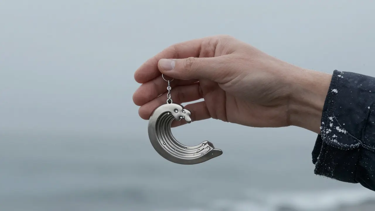 Boucle d'oreille en titane en forme d'onde, portée par une main de pêcheur.