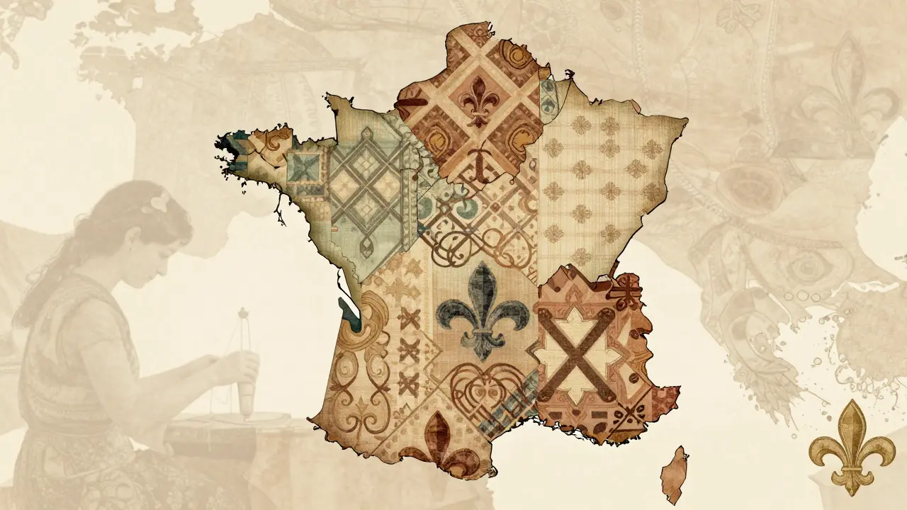 Carte textile de la France montrant cinq motifs récurrents régionaux avec leurs teintes naturelles.