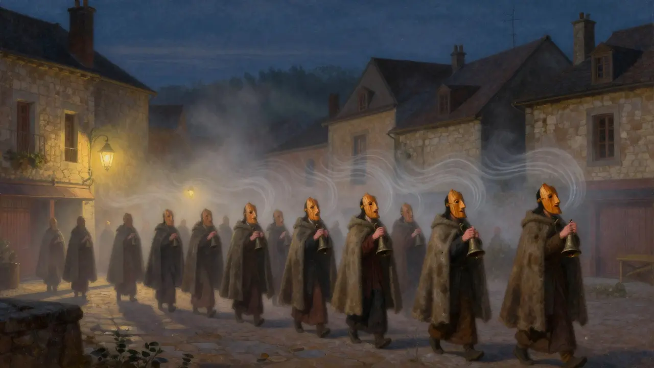 Chœur de 150 personnes en capes de laine et masques de bois chantant la Chanson des Grelots dans la nuit d’Auvergne.