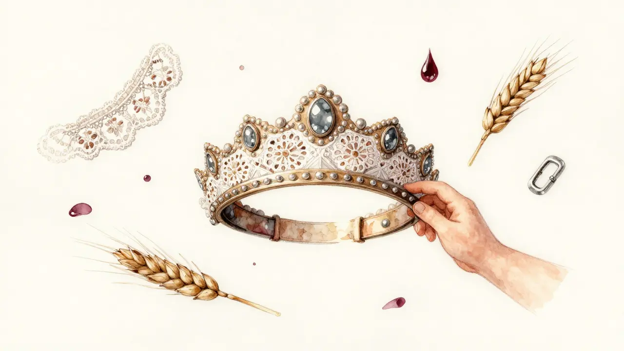 Coiffe landaise flottant au milieu de symboles de son héritage : dentelle, teinture naturelle, boucle en argent.