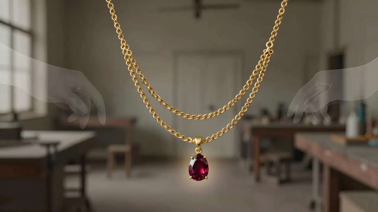 Collier alsacien en or 18 carats aux trois chaînes entrelacées, flottant au-dessus d'un atelier abandonné.