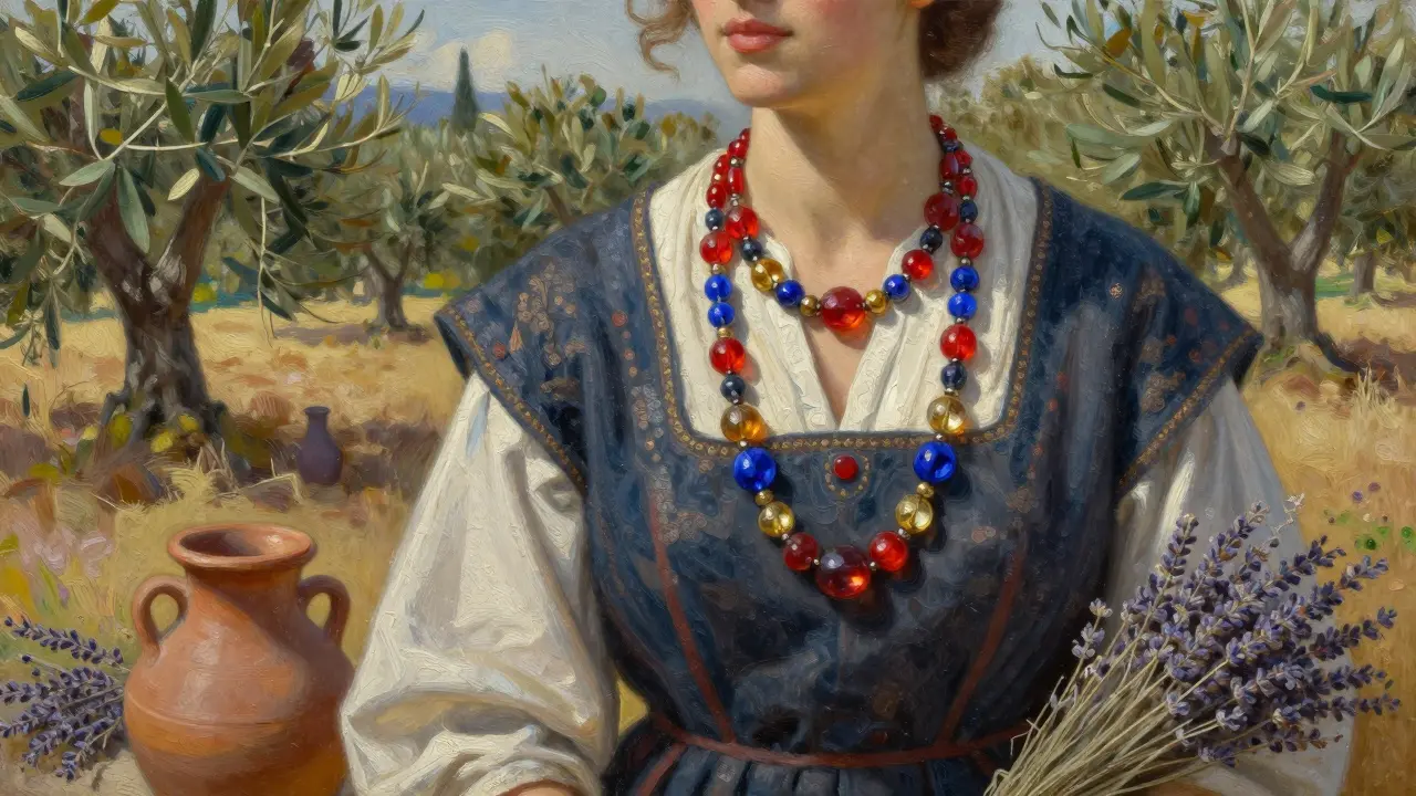 Collier provençal en perles de verre rouge, bleu et or, porté par une femme dans un champ d'oliviers.