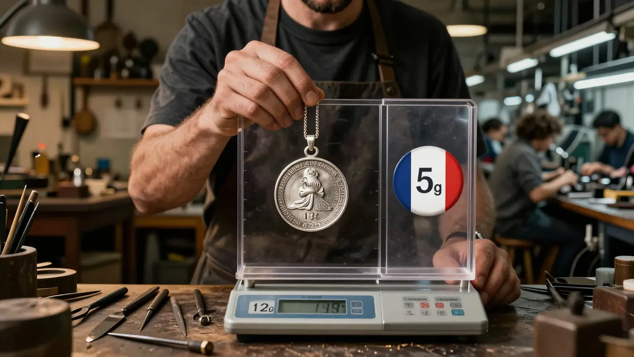 Comparaison visuelle d'un pendentif breton authentique et d'une contrefaçon, avec poinçon et poids.