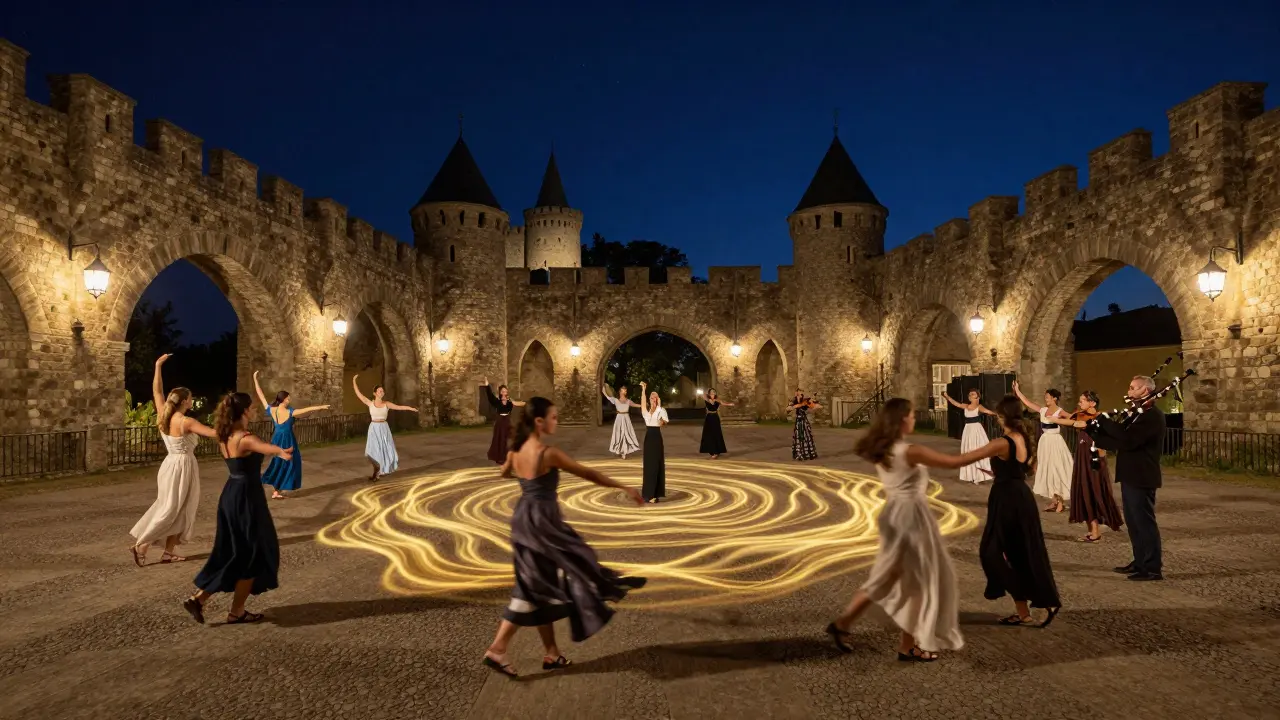 Danseurs en cercle sous les remparts de Carcassonne la nuit, avec des musiciens parmi eux et des lanternes suspendues.
