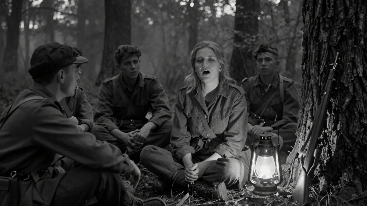 Des résistants dans une forêt au lever du jour, l'un chante en secret, une lanterne éclaire leur cachette.