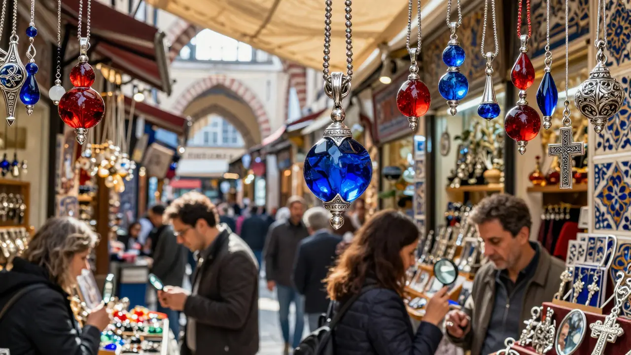 Étalage de pendentifs en verre et argent inspirés de la Provence dans le Grand Bazar d'Istanbul.