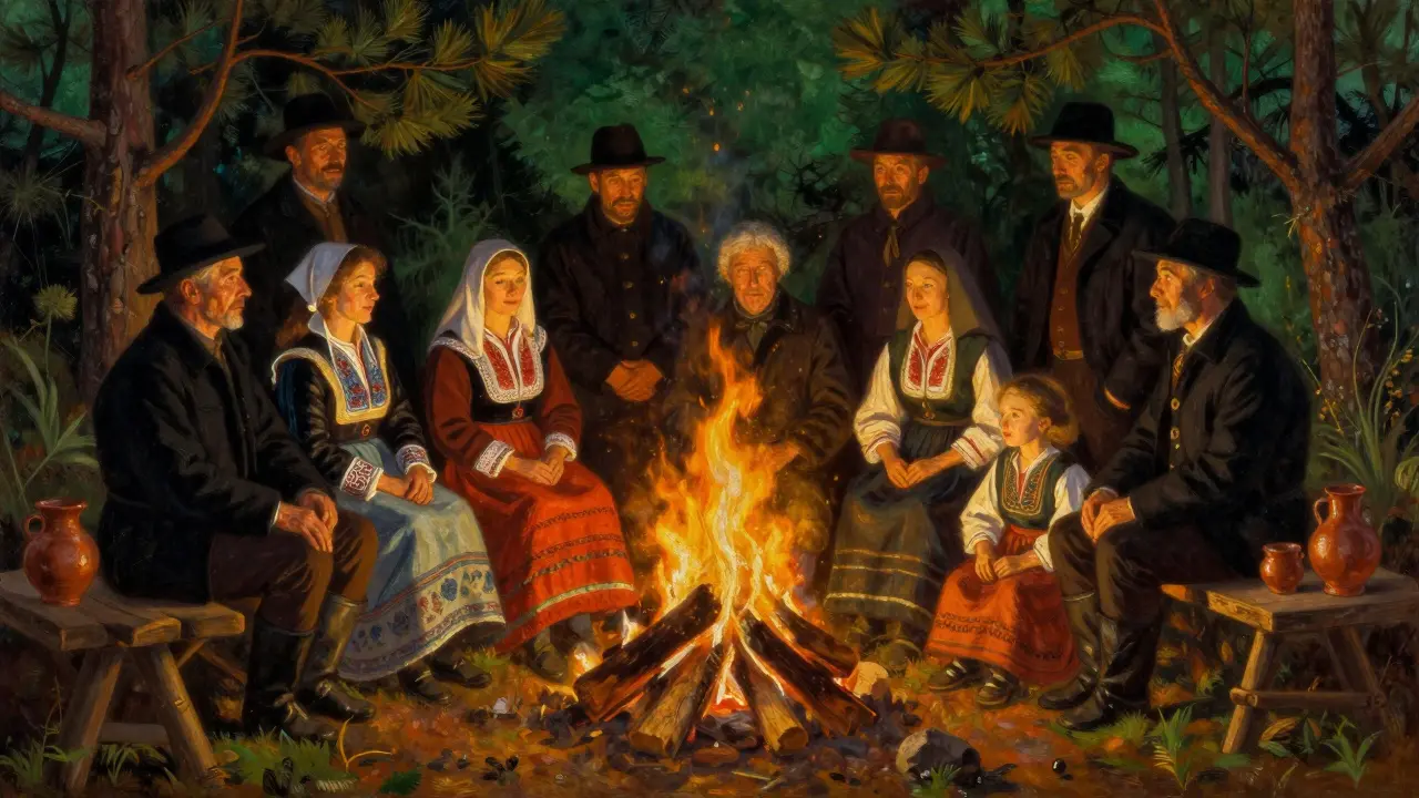 Famille en costumes d'Auvergne célébrant la Saint-Jean autour d'un feu de joie.