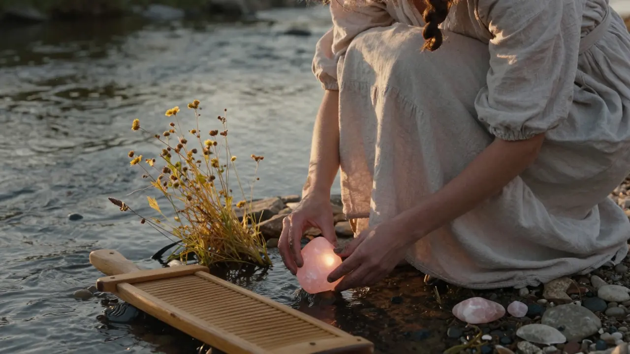 Femme en tablier de lavandière posant un quartz rose dans la jupe de son vêtement, au bord d'un ruisseau.